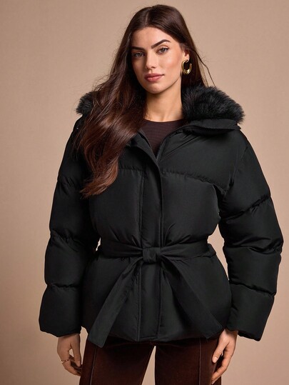 CLARA VERO Women, Winter, Snow, Faux Fur Contrast, Zipper, Pocket, Regular Length, Belted, Fly