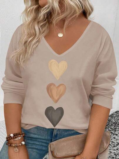 EMERY ROSE T-shirt à manches longues casual et polyvalent avec imprimé cœur dégradé, col en V et poignets côtelés pour femmes