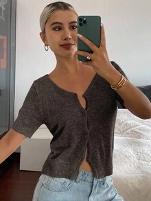 Livesso 女式V领短袖纯色开衫，夏季 - 咖啡棕 - 查看 4