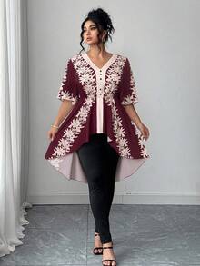 Elenzga Christmas Plus Size Women V-Neck Short Sleeve Placement Print Front Button Decor Black & Beige White Front Short Back Long Waist Cinched Top With High Waist Elastic Waist Pants, Elegant Office Wear 2-Piece Set, Spring/Summer - Burgundy - View 3