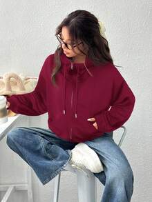SHEIN EZwear 女士酒红色前拉链长袖连帽卫衣，简约休闲风，适合毕业典礼、返校、毕业典礼、女教师以及秋冬季返校穿着。 - 酒紅色 - 查看 3
