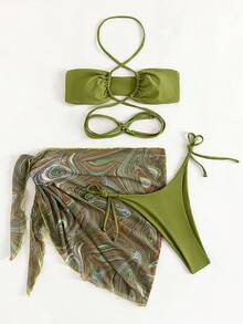 Swim Vcay Summer Beach Swirl Bikini Set Halter Bra & Thong Bottom & Beach Skirt 3 Piece Bathing Suit - Olive Green - View 4
