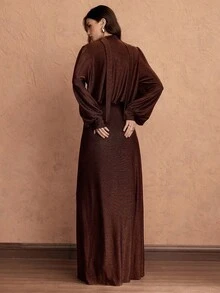 Islaluna 女式秋季常规肩长袖连衣裙，喇叭袖，开衩下摆，闪亮面料，休闲时尚风格 - 棕色 - 查看 2