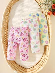 SHEIN Playful Pals 女嬰時尚可愛毛絨褲三件組，爪印、蝴蝶與花卉圖案，保暖舒適 - 彩色 - 查看 7