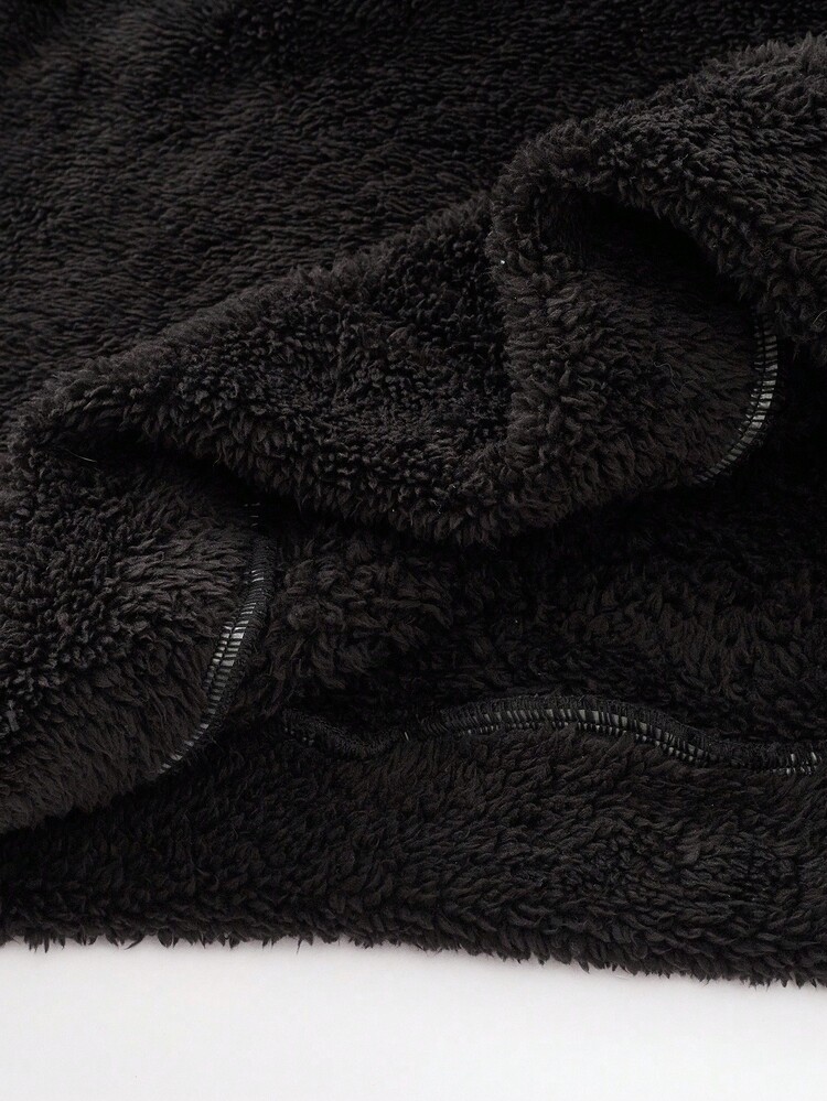 Manfinity Joysei 加大码男士刺绣泰迪熊徽章抓绒连帽衫，适合秋冬季节穿着，可作为朋友礼物，简约日常单品 - 黑色 - 查看 6