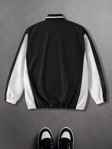 Teenage Boys' Minimalist Black & White Contrast Color Block Letter Print Pullover Jacket, Loose Fit, Comfortable, Versatile, Suitable For Autumn, Spring, Winter, Daily Wear, Commuting, Outdoor, Sports, School, Streetwear, Party, Photography Fall - Multicolor - View 2