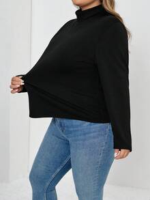SHEIN CURVE+ Áo thun nữ tay dài cổ lọ dáng ôm màu trơn cỡ lớn cho mùa thu đông, chất liệu vải lót giữ nhiệt nâng cấp, thời trang, giản dị, thoải mái, đa năng mà không trông cồng kềnh - màu đen - Xem 8