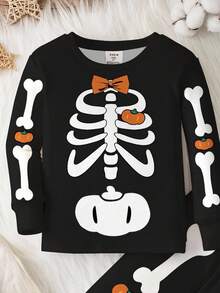 SHEIN Young Boy Casual Minimalist Halloween Spider Cute Cartoon Slim Fit Crew Neck Long Sleeve Pants Thermal Lined Thick Pajamas, Suitable For Autumn/Winter - Multicolor - View 4