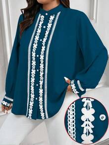 EMERY ROSE Áo sơ mi dài tay cổ và tay áo viền màu tương phản cỡ lớn mặc thường ngày/đi làm - Màu xanh ngọc - Xem 6