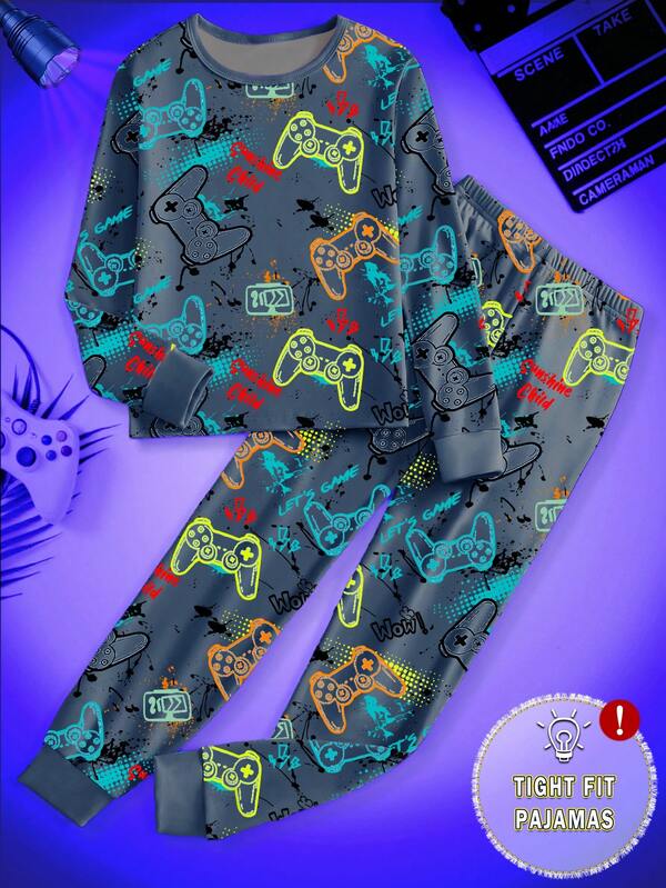 1 Set Teenager Jungen Eng anliegende Pyjamas, Leuchtend im Dunkeln Videospiel-Controller Muster Rundhals Langarm-Oberteil und lange Hose, Frühling/Herbst