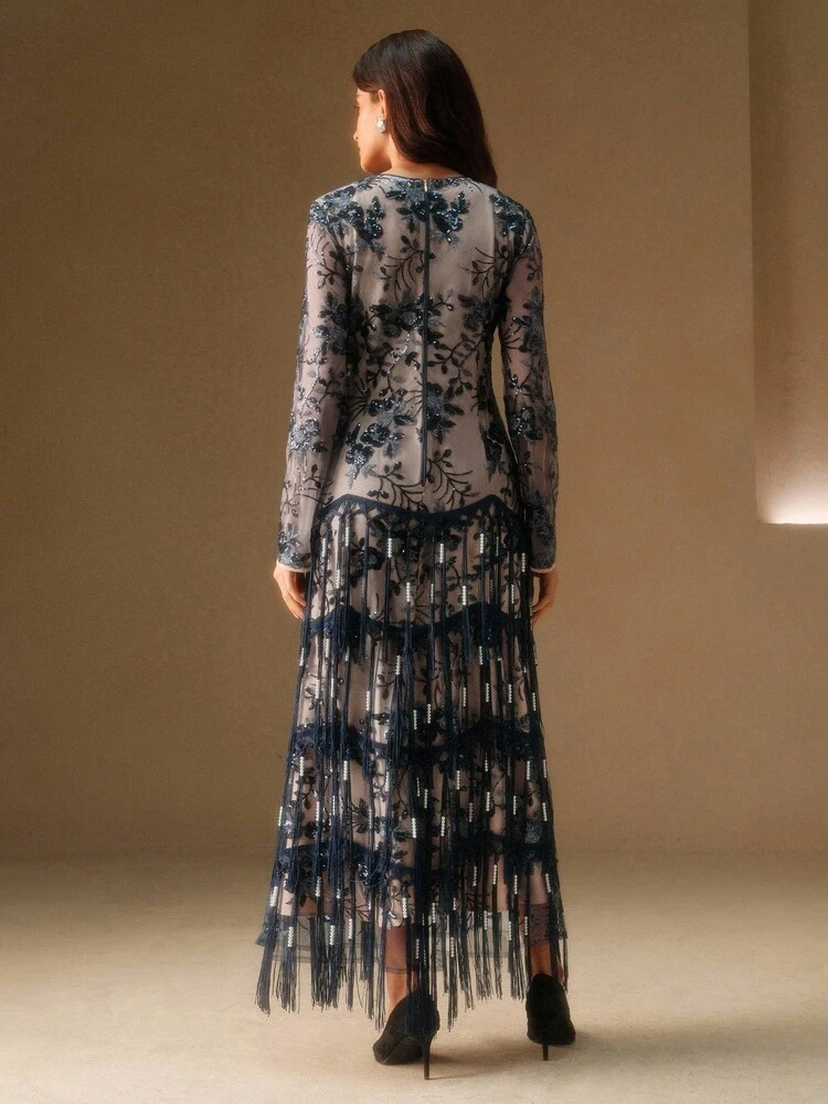 Vestido Elegante Azul Marinho com Lantejoulas, Pérolas e Borlas, Adequado para Outono, Inverno, Saída, Elegante, Formal, Festa, Chique, Ano Novo, Casaco de Inverno Feminino, Natal, Trabalho, Formatura