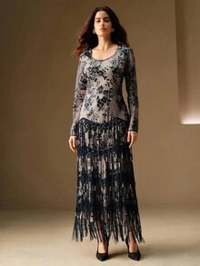 Anewsta Women's Sequin Pearl Tassel Navy Blue Floral Dress,Autumn,Ellegant,Party,Formal Chic Christmas New Year Graduation Work Outfits Winter Coat Dress - Navy Blue - View 6