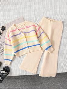 SHEIN Young Girl' V-Neck Rainbow Striped Cardigan Paired With Casual Straight Pants, Suitable For Home, Outings, Gatherings, Back To School Winter Christmas Halloween Toddler Cardigan Sweater Autumn Fall Jumpers Sweaters Tops Dress Dresses Christmas Jumper Cozy Pixies Prepcrw Christmas Outfit Halloween  New Born Toddler  Fall Winter Dress Halloween  Romper Stuff Halloween Jumper Jumper Cardigans Shirts White Cardigan Clean Downtown Off The Shoulder Sweater Outfit Sets Pink Sweater Jacket Cute Fall Outfits Outfits Top Maija Christmas Dress  Toddler Fall Dark Purple Skirt Christmas Sweater  Fall Sweaters Unisex White Sweater Vest Skirt Sets