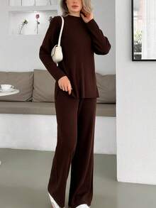 Brown Two Piece Set Women Knit Sweater With High Neck And Sweater Pant Cozy 2pcs Set Co-Ords,Winter Clothes - Chocolate Brown - View 3