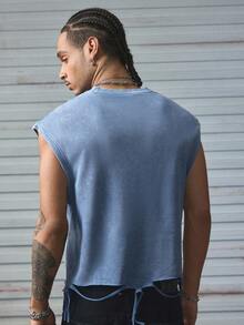 AXEPEAK 男士夏季休闲黑色无袖背心，做旧下摆，水钻装饰 - 藍色 - 查看 2