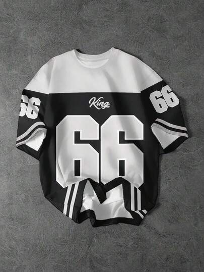 SHEIN 青少年男孩休闲简约棒球文化拼布图案，数字 66 文字图形印花短袖圆领 T 恤，适合夏季