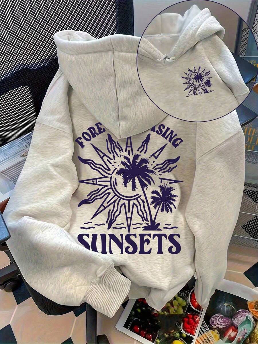 Flirla Women's Letter & Palm Tree Print Drop Shoulder Long Sleeve Casual Loose Hoodie Sweatshirt Fall Cloth For Women