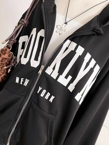 1pc Teen GirlCasual Minimalist Letter Print Pocket Zip-Up Hoodie Jacket, Simple Streetwear Style, Essential For Autumn/Winter Fall - Black - View 4