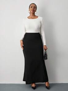 SHEIN Tall CURVE Falda larga elegante con detalle de malla fruncida y talla grande