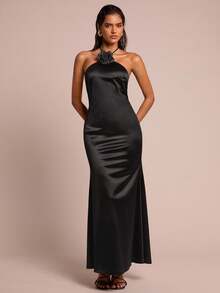 Glamine Women's Silky Satin Knitted Floral Decoration Backless Halter Neck Elegant Maxi Dress, Women's French Black Solid Color Three-Dimensional Flower Decoration Slim Sleeveless Temperament Long Dress, Elegant Sexy Slim Skin-Friendly Breathable Drape Sexy Pure Hot Girl Party Holiday Long Dress Costumes - Black - View 7