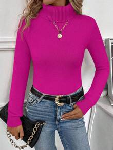 EMERY ROSE Women's Casual Solid Color Turtleneck Warm Sweater, Autumn/Winter - Hot Pink - View 3
