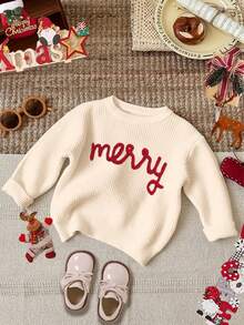 SHEIN Cremeweiß, süßer Weihnachtsschriftzug "Fröhlich" Stickerei, Weihnachtsstimmung, gemütliche Jahreszeit, Baby Mädchen lässig weite Passform Rundhals Langarm Pullover, geeignet für Herbst/Winter - Weiss - Übersicht 3