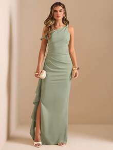 SHEIN BAE 秋冬伴娘礼服，派对斜肩扭结露肩性感褶皱高开叉荷叶边裹身长裙，优雅荷叶边斜肩连衣裙