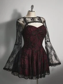 SHEIN ICON Váy ren phối màu cổ vuông cỡ lớn, váy dự tiệc Y2K tay loe, bộ hai mảnh ren nhún vai, trang phục Halloween - Màu Đỏ Sâu - Xem 5