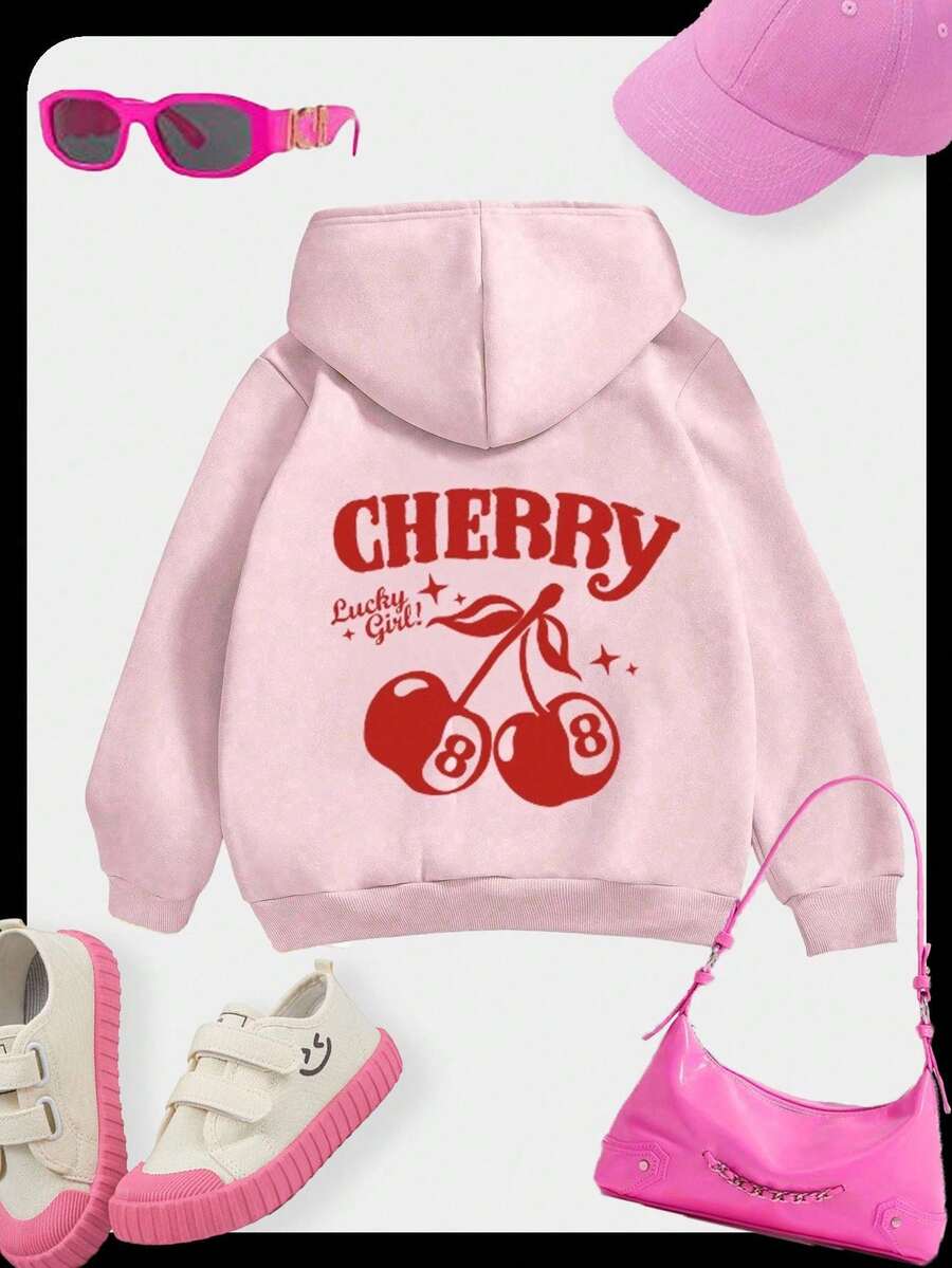 年轻女孩休闲可爱 8 号樱桃字母印花连帽运动衫