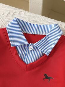 2 件套男童/幼儿男童休闲、时尚、可爱的学院风服装，适合外出、派对、上学、春/秋/冬 - 紅色 - 查看 5