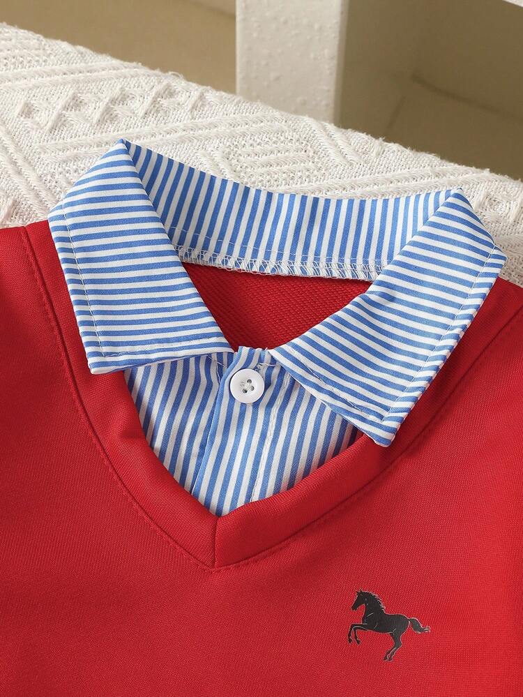 2 件套男童/幼儿男童休闲、时尚、可爱的学院风服装，适合外出、派对、上学、春/秋/冬 - 紅色 - 查看 5