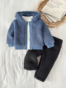 SHEIN 男宝宝毛绒连帽外套+白色T恤+保暖毛绒裤，秋冬休闲百搭时尚套装 - 彩色 - 查看 3