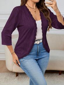 SHEIN Clasi Plus Size Women Textured Knit Jacket, Autumn/Winter - Purple - View 4