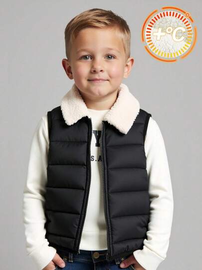 SHEIN Boy Clothes Young Boy Casual College Japanese And Korean Loose Version Solid White Splicing Black Lapel Vest Jacket Suitable For Commuting To School, Daily Leisure Travel, Suitable For Sports, Suitable For Autumn And Winter Seasons Fall