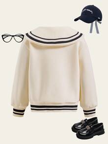 1pc Young Girl Cute Striped Print Knitted Cardigan With Lapel Collar Fall Winter - Apricot - View 2