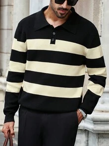 Manfinity Bizformal Men's Contrast Stripe Drop Shoulder Long Sleeve Half-Zip Fashionable Versatile Knit Sweater, For Fall Winter - Black and White - View 3