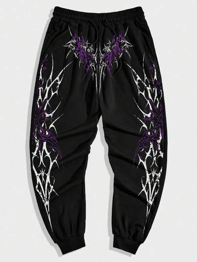 Men's Casual Gothic Print Drawstring Waist Sweatpants, Autumn