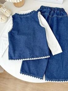 Genkimix Kids 3件套女童韩版简约高领白T恤、牛仔背心和宽松牛仔裤套装，秋季两件套牛仔套装，牛仔搭配套装，小女孩牛仔套装，儿童牛仔套装，秋冬童装 - 藍色 - 查看 2