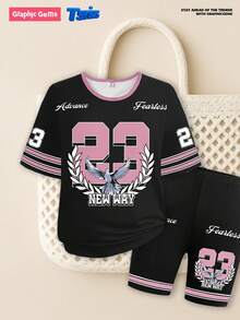 Sparklyn Bộ 2 chiếc/Bộ áo thun cổ tròn in họa tiết chim bồ câu trắng tương phản màu sắc cho bé gái tuổi teen và quần short bó dệt kim màu đen, Bộ đồ thể thao thời trang đường phố mùa hè - trắng - Xem 2