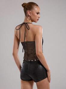 SHEIN BAE Summer Road Party Club Queue Music Festival Concert Fashionable Street Wear Sexy Brown Solid Color Vintage Washed Faux Leather Metal Criss-Cross Halter Neck Top For Women,Brown Top