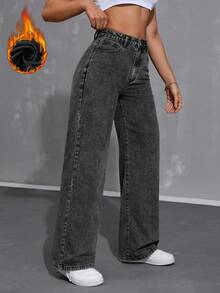 SHEIN ICON 女式纯色休闲保暖牛仔裤 - 灰色 - 查看 4