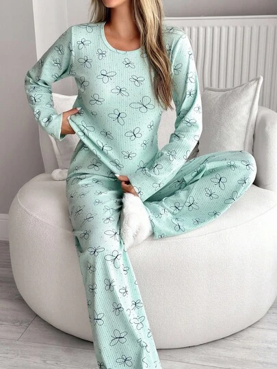 EURMUSE Cotton Rib Knit With Butterfly Patterned Comfort Homewear Lounge Set For Ladies Sleep Wear Women 2 Piece Set Two Piece Sleep Set Comfy Pajamas Set Cute Lounge Wear