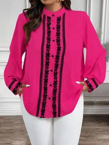 EMERY ROSE Plus Size Contrast Color Trim Collar & Cuff Casual/Work Wear Long Sleeve Shirt - Hot Pink - View 8