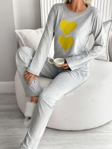 EURMUSE Women 2pcs Colourful Heart Pattern Long Sleeve Shirt&Pants Homewear Set - Grey - View 6