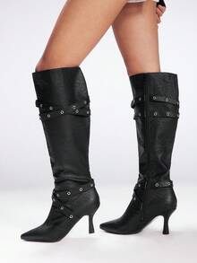 Sugerpunk 尖头细高跟时尚性感蛇皮网眼设计及膝靴，适合圣诞节、新年派对、约会之夜和春季休闲装 - 黑色 - 查看 5