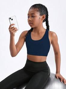 SHEIN Tween Girls' Solid Color Cross Back Sports Tank Top - Navy Blue - View 5