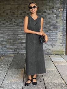 DAZY Women's Casual V-Neck Sleeveless Asymmetric Midi Dress, Solid Color, Autumn