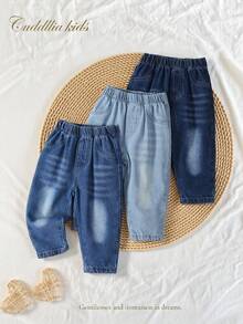 SHEIN Bộ 3 quần jeans phong cách thường ngày cho bé gái, màu xanh nhạt, xanh vừa, xanh đậm, dáng ôm, chất liệu denim cotton thoải mái, thích hợp mặc hàng ngày, xuân/hè/thu/đông - Nhiều màu - Xem 8