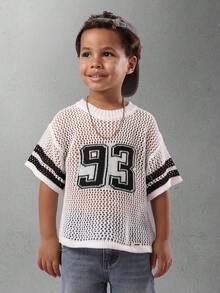 SUMWON Boys Crochet Mesh Varsity Number Knit Sweater Short Sleeve Breathable Summer Pullover Baseball Jersey Style Casual Top Streetwear Youth Fashion Fall Winter - Beige - View 1