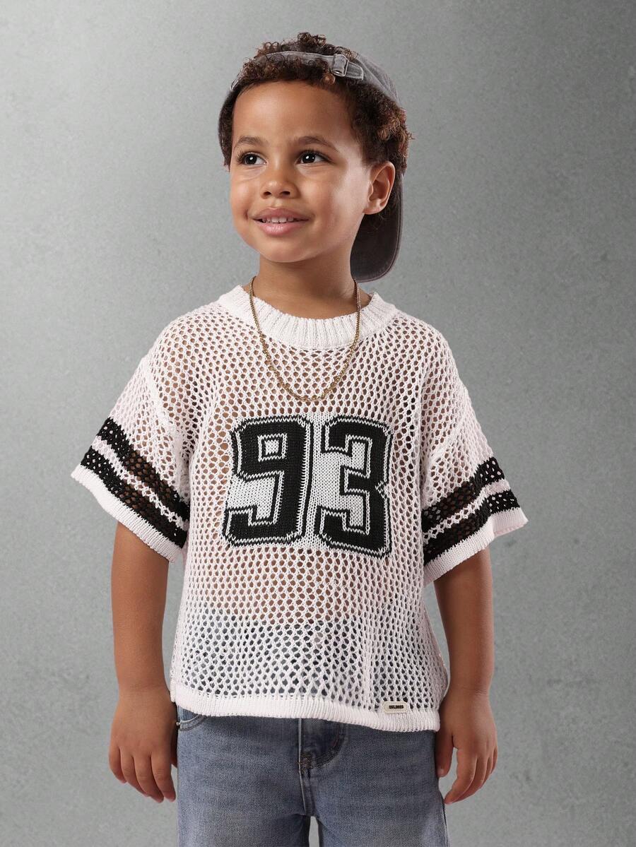 SUMWON Boys Crochet Mesh Varsity Number Knit Sweater Short Sleeve Breathable Summer Pullover Baseball Jersey Style Casual Top Streetwear Youth Fashion Fall Winter - Beige - View 1